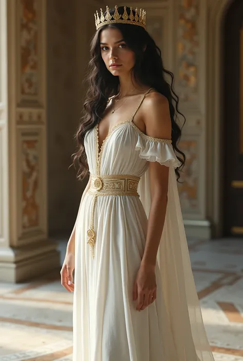 A queen in white Greek clothes. She has black hair that is both wavy and straight at the same time, and has fair skin. And black eyes. She wears a Greek gold crown. And shes royalty and shes in a Greek castle.