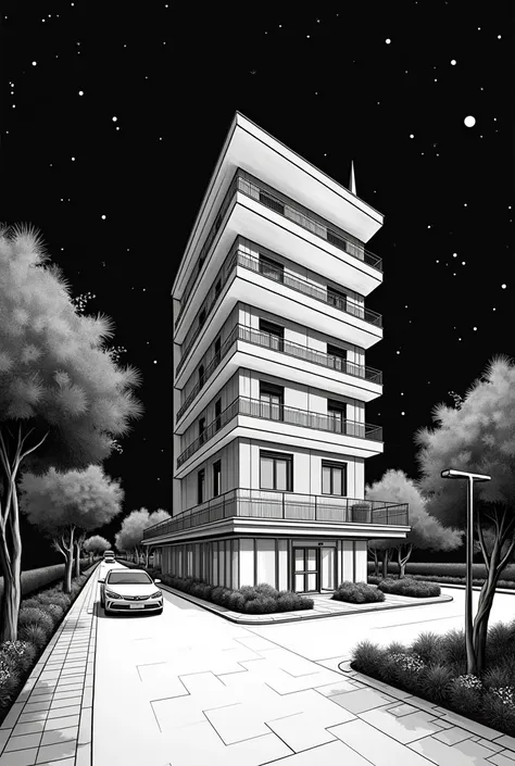 elaborate a night perspective with two vanishing points only with black and white lines of the uncolored outline of a five-level hotel building with surrounding elements that include a silhouette of a human figure and a car