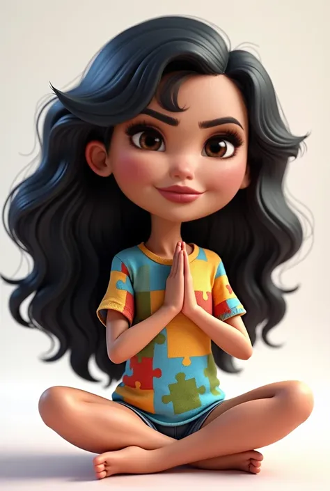  3D or rendered character ,  with a cartoon and realistic look at the same time .hair: long,  voluminous and wavy ,  with a black color , colorful shirt with a pattern of puzzle pieces ,  representing inclusion or diversity ,  something often associated wi...