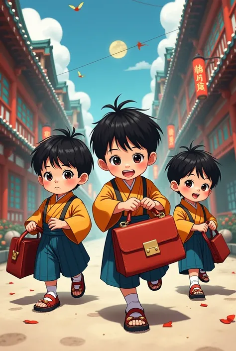  illustrations with purses 。３Age and４Old siblings 。 boys。 Japanese。Big eyes。 impressive poses and angles。 playing 。