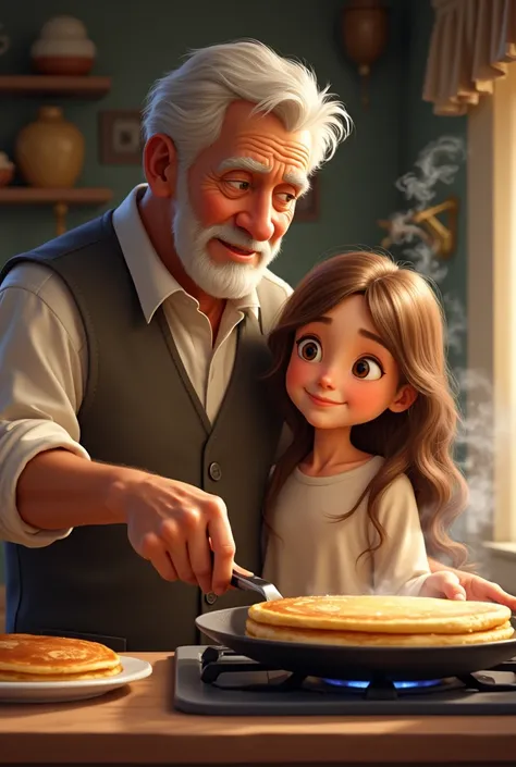 Grandfather in shirt and vest cooking pancakes for his granddaughter with long curly hair