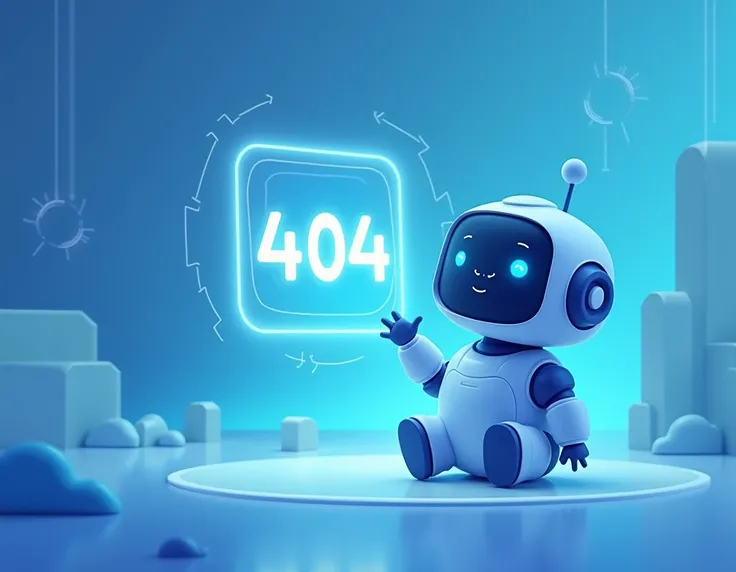 Create a simple, modern and minimalist illustration for a 404 Not Found page. The scene features a small friendly robot sitting in a futuristic setting, looking confused at a holographic screen displaying the number 404. The robot is metallic blue with sof...