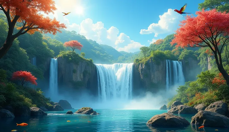 Prompt"  a river where there is a magnificent waterfall ,  with flowering trees around ,  where the waterfall falls formed a well where you can see fish swimming,  the day is clear blue sky without clouds and a bright yellow sun ,  has macaw birds flying ,...