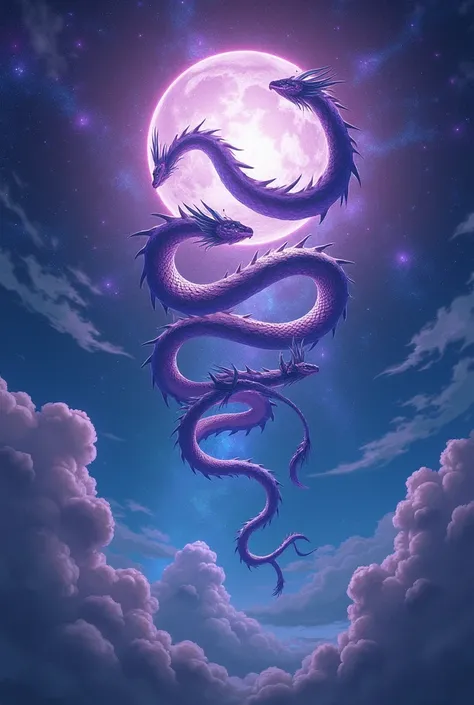  Sky with shades of purple and blue  .  With dragons wrapped in the shape of a ball , Like a moon  ,  several of them  