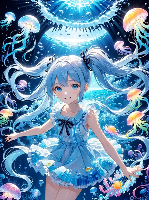  Light Blue Long Hair 、The hairstyle is a girl with twin tails,  Smiling deep ocean 、scene,  Fluorescent jellyfish,  art、Anime Style,   key visual ,   lively,   studio animation,   very detailed