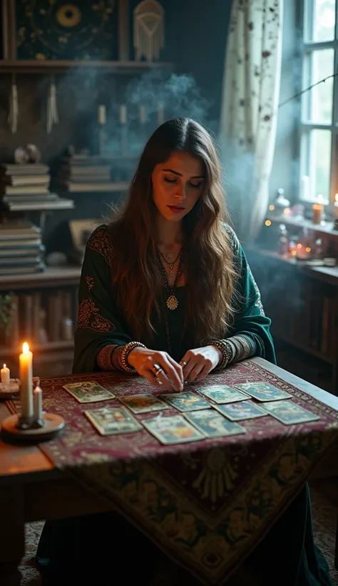 A highly realistic and cinematic image of a tarot reader in an atmospheric, mystical setting. The woman is seated at a small wooden table covered with an ornate, velvet cloth. She has long, wavy hair, and her piercing eyes exude wisdom and mystery. She wea...