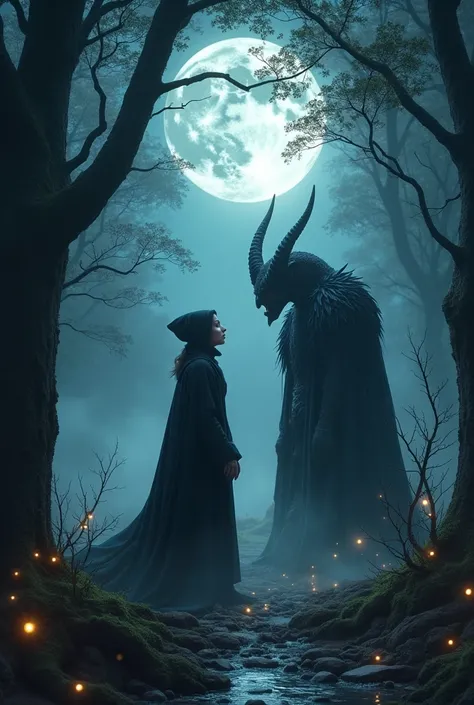  Create a mysterious natural nighttime environment with a Full Moon, with a witch and a demon prince 