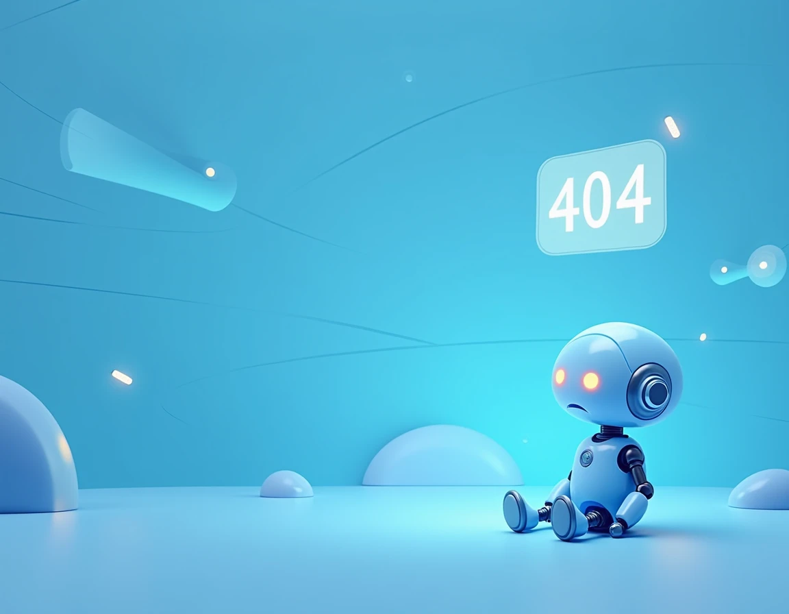 A simple, modern, and minimalist 2D illustration for a 404 Not Found page. The scene features a small, friendly robot sitting in a futuristic environment, looking puzzled at a holographic screen displaying the number 404. The robot is metallic blue with so...