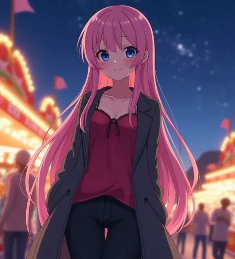  An 18-year-old anime lady , anime To love ru,  soft lighting ,  standing at a fair in a beautiful neighborhood ,  There are people at the fair on a night with few stars in the sky,  measures 1 , 70 cm in height and her measurements : B 68 ,  W 35 ,  H 74 ...