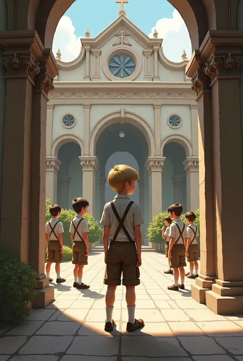  A blond boy in short brown pants and a light shirt with brown suspenders, about , is problematic. The boy observes some boys judging them .  Everything takes place in a church courtyard . 