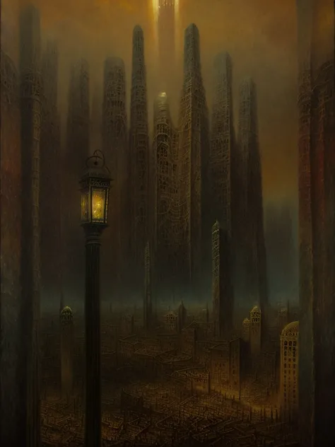 A vast cityscape slowly consumed by encroaching desert, surreal and dystopian, by zislaw beksinski, Blizzard, Baroque,  Mirrors, Ethereal,Bloodcurdling,Cryptic, (Saturation:1.1), (Golden ratio:1.1),  (Grisaille:1.1), (Lantern light:1.2), Feathers, Trapezoi...