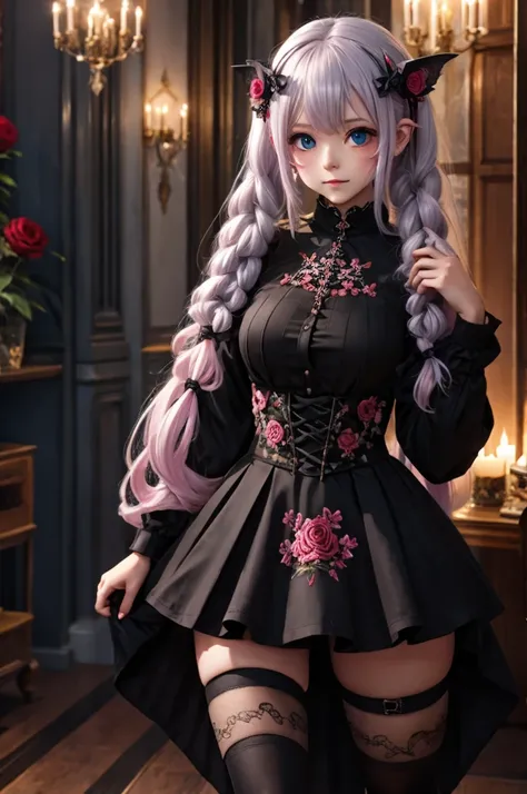 Deep night sky、Horror、 Unusual beauty 、succubus, 24 years old、 expression of intense sexual pleasure,  highest quality、noble、 twin tail hair  、jet black ruffled skirt、 right black eye , the left eye is red、 super adorable pose 、platform shoes、Strong Makeup...