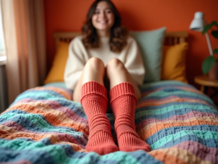 A young woman’s legs, adorned in warm, knitted socks, positioned comfortably on a vibrant, colorful background. The lighting is bright, with natural highlights that accentuate the socks’ texture and color. The medium focus ensures the socks are clearly vis...