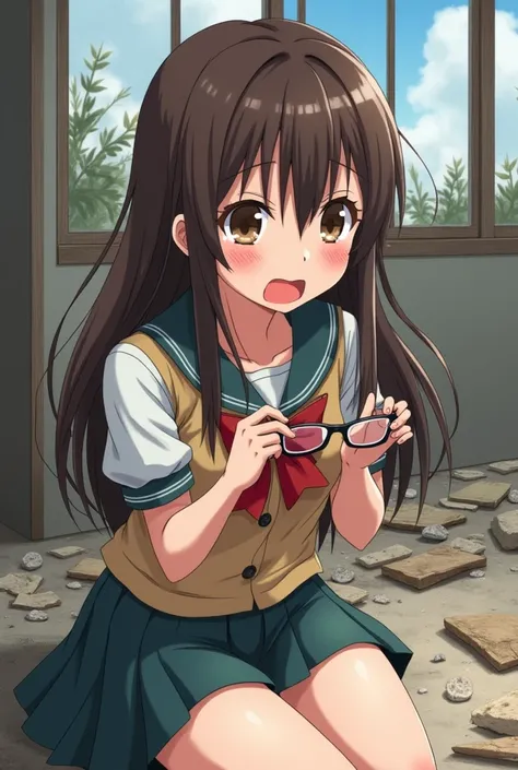 Brown Hair　High school girl　Holding glasses　 sad expression　deserted ruins background　anime　Japan　Brown eyes　A painful face　 painful expression　 crying face  　 tattered uniform 　sit　whole body