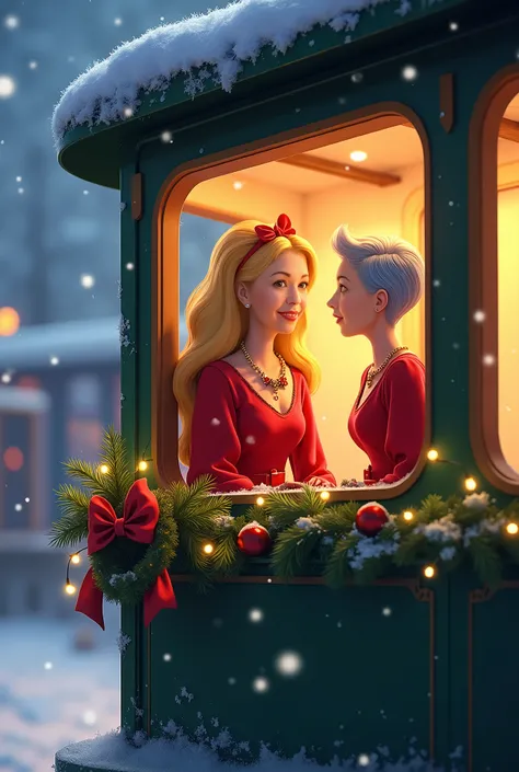 Pixar illustration ,  a Christmas-themed train .  In the window there are two women .  Being a plus-size blonde woman in a red dress.  plus an elderly woman with gray hair , short stature, thin.
