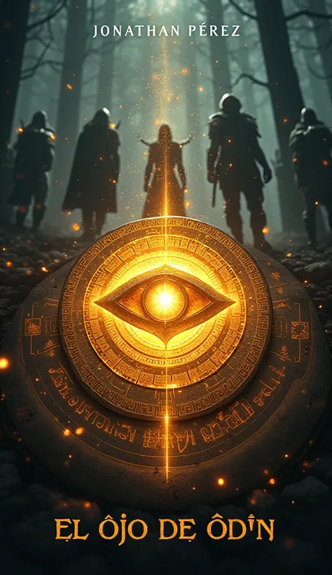 "A glowing shaped like the Eye of Odin is prominently featured at the center of the book cover. The amulet emits a mystical golden light. Surrounding the amulet are faintly glowing Norse runes. In the background, there are shadowy silhouettes of Viking war...