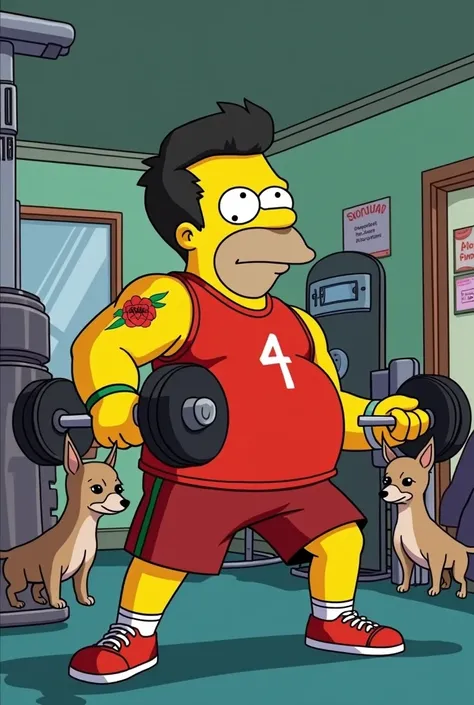  An image like the Simpsons .  We see a brown man , Short beard ,  black hair and cut very short ,  dressed in the colors of the Portuguese team .  He is working out in a gym and seems exhausted .  You can see a heart tattoo on his arm with AMIGO loves you...