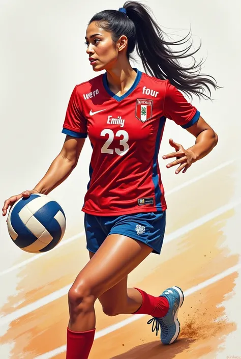 Drawing of a Peruvian volleyball player with the jersey number 23 and the name Emily