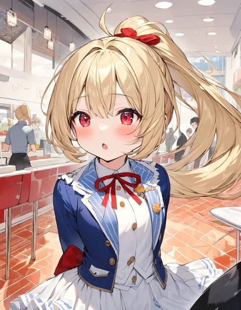 ((masterpiece)、(absurdres)、(ultra detailed)、Anatomically correct,( solo girl ),(20-year-old),(blonde hair:1.0),(shiny red eyes:1.1),(highponytail:0.9),(a little red ribbon;1.0),(long hair:0.8),(middle breast:0.8),break,(fantasy blue blazer),(white mini ski...