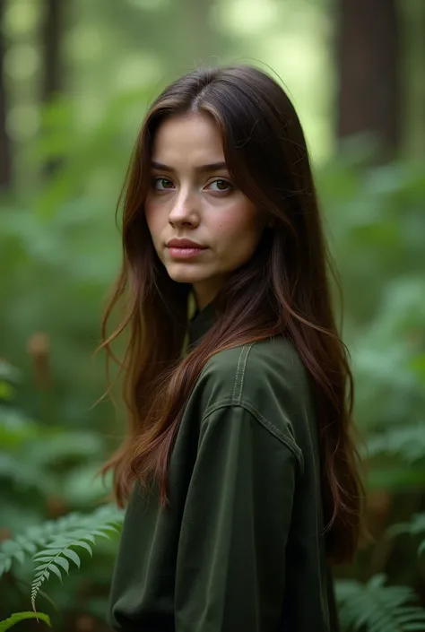 (((close-up hd photo))), a tall Lexy standing looking at the camera, 25 years old, in the forest