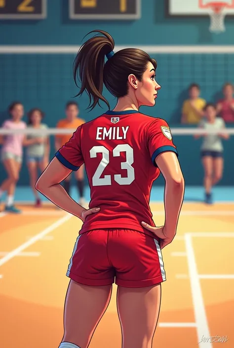 Cartoon of a female volleyball player wearing the Peruvian national teams jersey, number 23 and the name Emily 