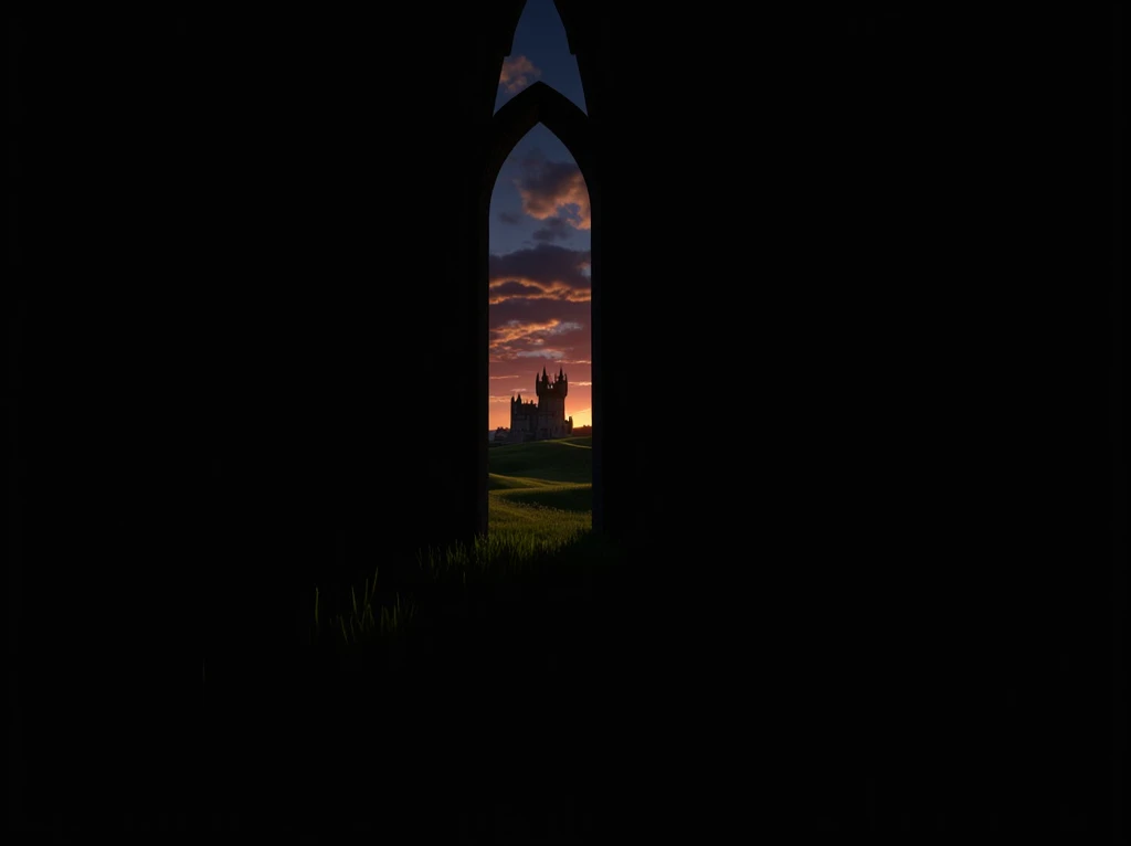 Complete the background with a green field at sunset and a castle in the background 