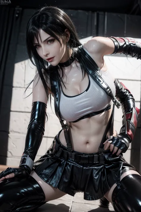 a beautiful detailed woman, 1girl, tifa lockhart from final fantasy 7, black latex bra, black latex shorts, latex body harness, latex neck choker, latex gloves, latex stockings, black latex outfit, white simple background, photorealistic, 8k, highres, deta...