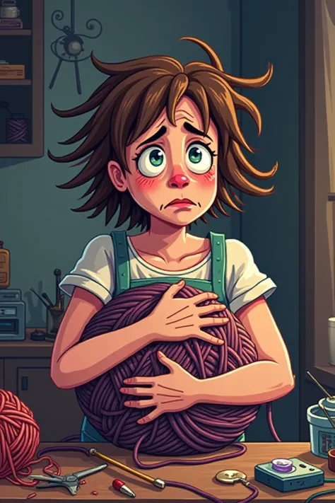 "Create a pixel art animation of a woman looking exhausted and disheveled, holding a large bundle of yarn. She has messy hair, dark circles under her eyes, and a stressed expression. The background is minimal, with scattered crafting supplies to suggest a ...