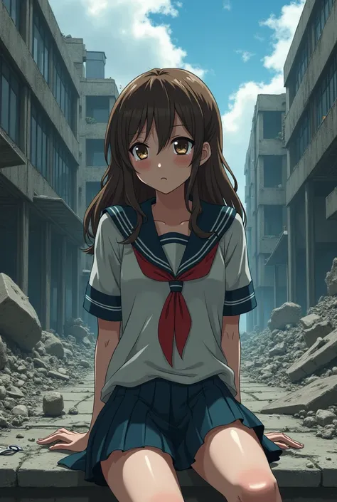 Brown Hair　High school girl　Holding glasses　 sad expression　deserted ruins background　anime　Japan　Brown eyes　 crying face  　 tattered uniform 　Sitting on rubble　whole body　Sidelong glance