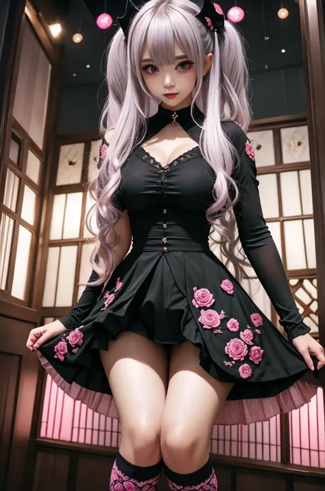 Deep night sky、Horror、 Unusual beauty 、succubus、 expression of intense sexual pleasure,  highest quality、noble、 twin tail hair  、jet black ruffled skirt、 right black eye , the left eye is red、 super adorable pose 、platform shoes、Strong Makeup、 sexy gothic ...