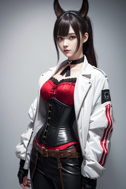  1 girl,  beautiful donkey pex portrait, Athletic ability,   white jacket ,  Corset ,  skirt, pants,  black hair, Red Hair,  Had, compensate,  choker,  clevis,  wide hips,  VOLUMETRIC LIGHTING ,  best quality, masterpiece,  intricate details,  tone mapping...