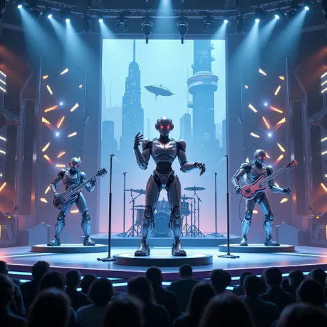 Band, singing robot, drumming robot, human guitar playing robot, design of the future world on stage.