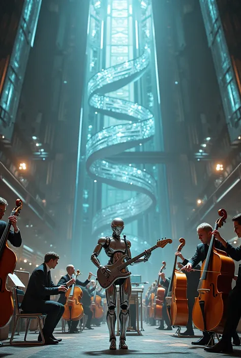 A musical ensemble, a robot playing various instruments in a human way, the design of the future world, on the opera stage