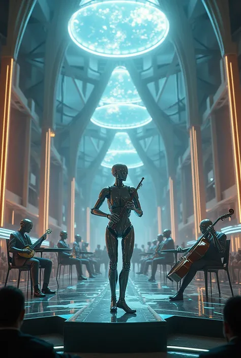 A musical ensemble, a robot playing various instruments in a human way, the design of the future world, on the opera stage