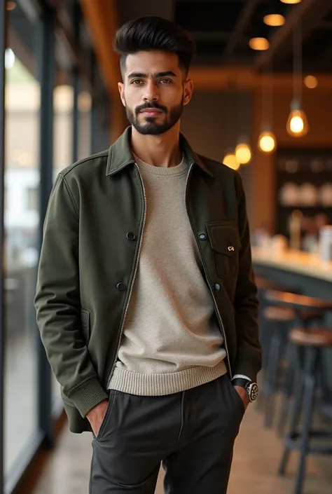 A realistic half-body depiction of a young, confident Indian man with a neat and polished hairstyle, dressed in luxurious branded casual attire. He stands casually, exuding sophistication and charm, with a modern, upscale backdrop such as a sleek urban caf...