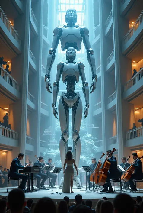 A musical ensemble, a robot playing various instruments in a human way, the design of the future world, on the opera stage