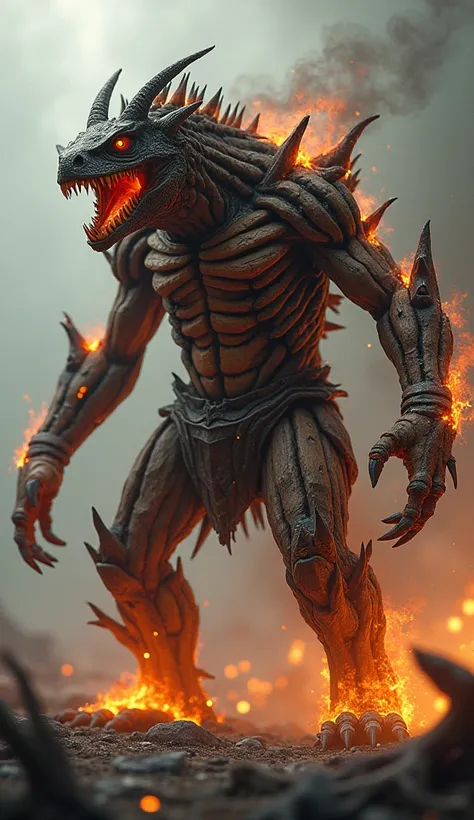 Humanoid mutant hybrid of a Moloch with wood and raging fire, roaring and terrifying  