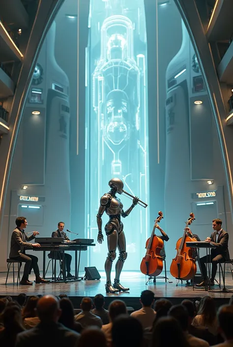 A musical ensemble, a robot playing various instruments in a human way, the design of the future world, on the opera stage