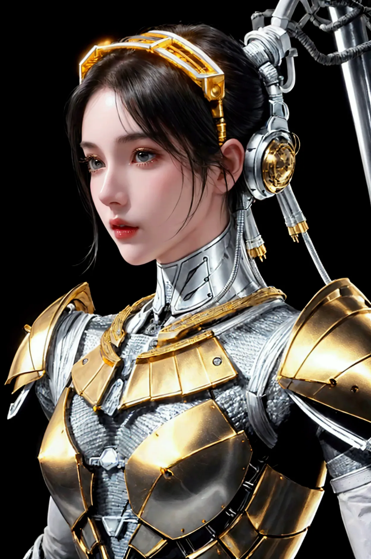 beautiful woman, super white skin, the whitest skin, short black hair, gold robot metal armor, the most detailed armor pieces. t...