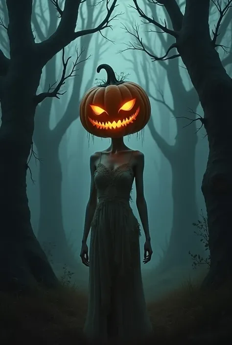  A woman with a pumpkin head from Halloween,en un bosque oscuro 