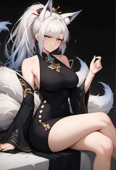 mixed_artwork style, (detailed eyes), (Mature woman), beautiful woman, medium breasts, white hair, bangs on eye, gradient hair (white to blue), Side bangs, ponytail, (black white dress), silver eyes, mole under eye, huge body, (annoyed gaze), kitsune ears,...