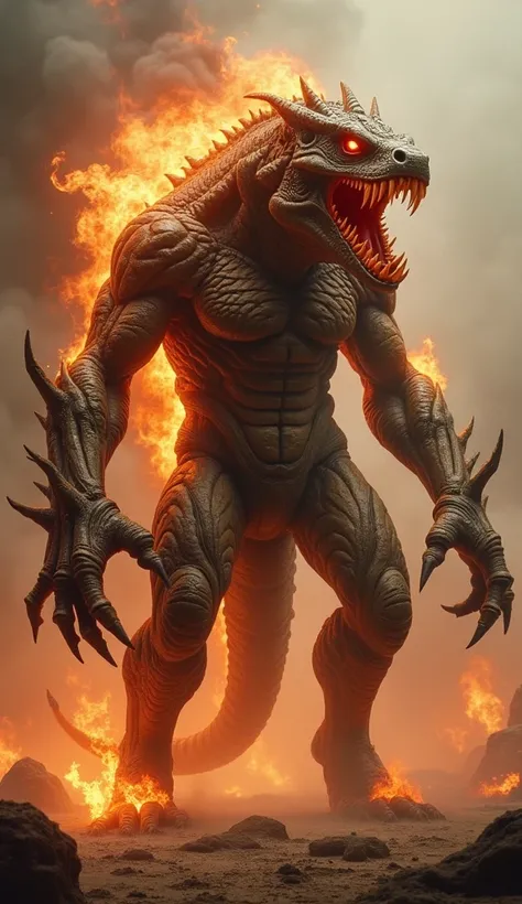 Humanoid mutant hybrid of a Moloch Horridus with wood and raging fire, roaring and terrifying  