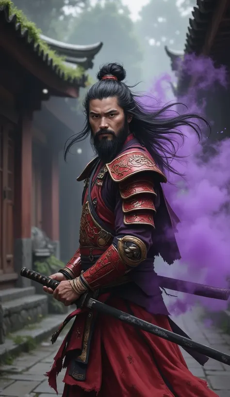 a handsome and strong man with long flowing and messy black hair in a side-parted style, wearing a dark red o-yoroi with red shoulder guards featuring an embossed dragon head ornament, red arm guards with a small shield design, a red chest protector, and a...