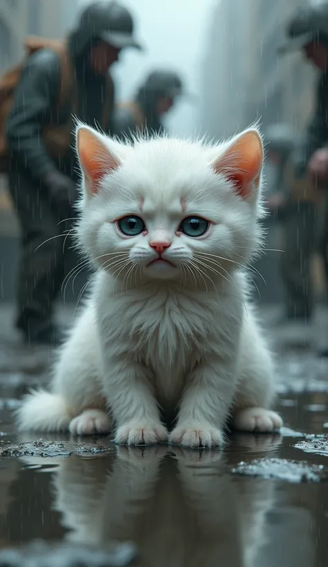 In the heavy rain, a soaking wet anthropomorphic white fur baby kitten was sitting crying, sad expression, very sad. There is water all over the ground, the background is a construction site, workers with crying expressions are carrying cement. The picture...