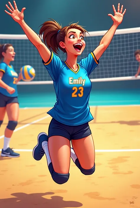 Cartoon of a female volleyball player wearing a metallic blue jersey number 23 and the name Emily celebrating a point