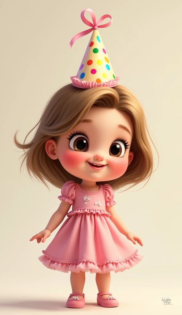 
Disney Pixar style character Rapunzel short brown-haired baby wearing a pink dress who wears a colorful birthday hat and is standing