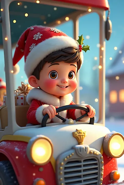 "Beautiful animated boy in Christmas mode ,  driving a white and red bus ,  with his Christmas hat all around him is in Christmas mode "