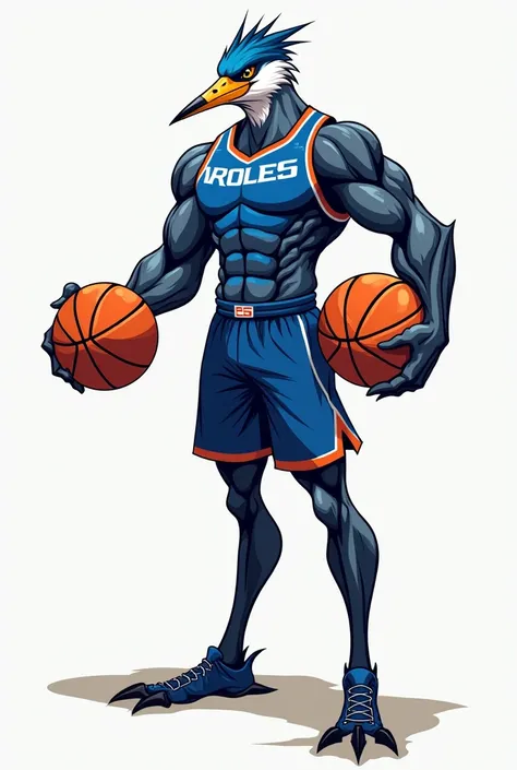 Create a humanoid muscular blue basketball heron ,  uniform with a basketball in both hands looking straight ahead. For a logo 