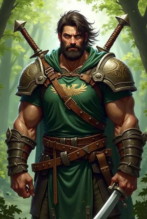  Make me a picture of my DnD character .  He has dark brown hair and a short full beard. His race is human .  He is 30 years old . He is wearing green and brown heavy leather armor. His chest is also protected with leather.  On his back he has two swords ....