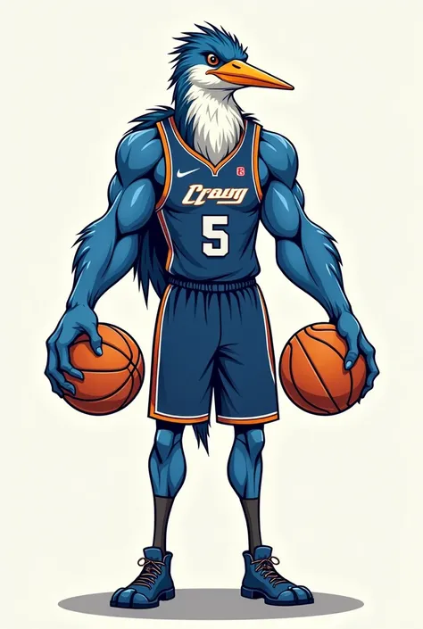 Create a humanoid muscular blue basketball heron ,  uniform with a basketball in both hands looking straight ahead. For a logo 